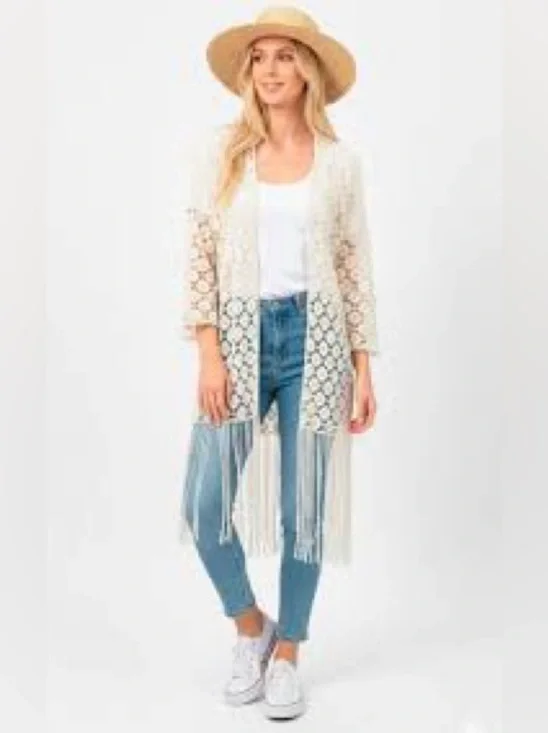 Rebellion Cream Crochet Fringe Open-Front Cardigan - Picture 3 of 9